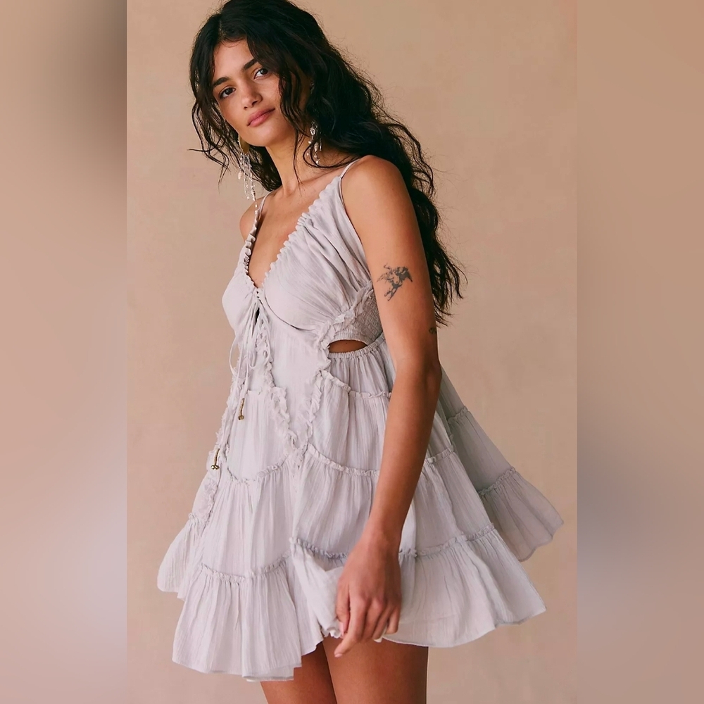 Free People Coconico Ruffled Boho Mini Dress In Swiss Coffee - Picture 4 of 5